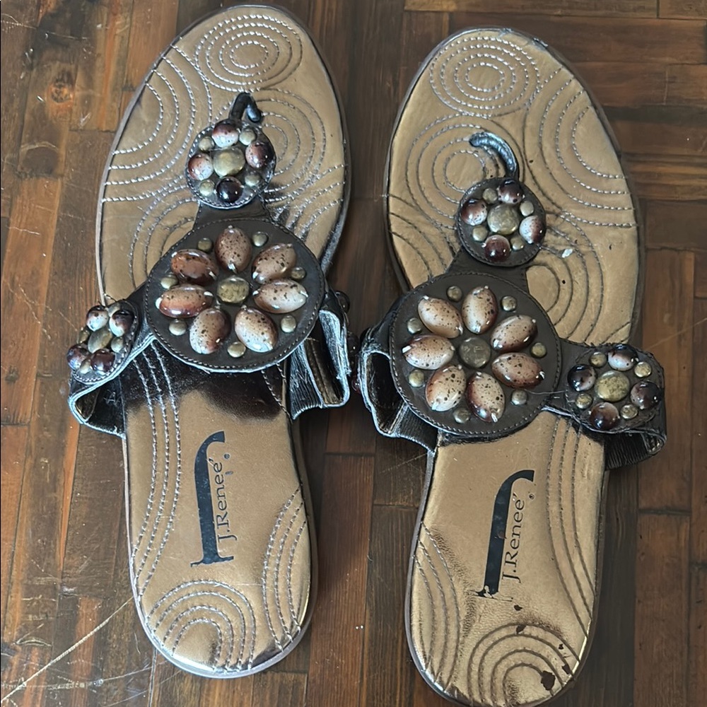 J.Renee Black Floral Sandals with Rhinestone Accents